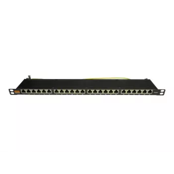 IT-BUDGET 19 palcový superplochý patch panel, 0,5U, úplne tienený, Cat.6A, 24 portov, PoE++, čierny (90ITBPP6A05S)
