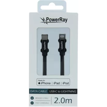 PowerRay USB-C na Lightning MFi pletený kábel 2m čierny PR-DCCL200TBK