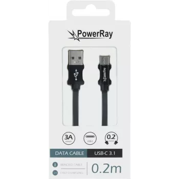 PowerRay PR-DCUC020TBK USB-A na USB-C dátový a nabíjací kábel, 0,2 m, textil čierna, blister