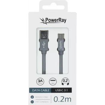 PowerRay dátový kábel PR-DCUC020TGY, USB-A na USB-C, 0,2 m, textil sivá, blister