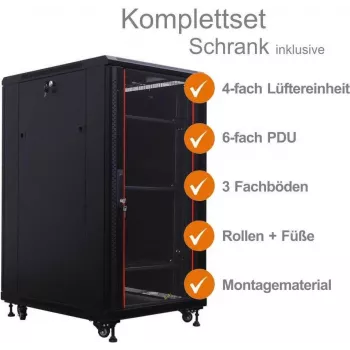 IT-BUDGET 19 palcová sieťová skriňa SRK kompletná sada - 22U - 600x800 mm - sklenené/ocelené dvere - 4 aktívne ventilátory - PDU - police - zmontovaná - čierna (99ITB19SRK2268GSM)