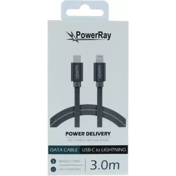 PowerRay USB-C na Lightning pletený kábel 3m textilný sivý PR-DCCL300TGY