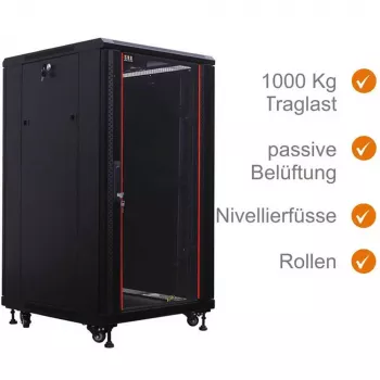 IT-BUDGET 19-palcový sieťový rozvádzač SRK - 22U - 600x600 mm - sklenené dvere vpredu / oceľové dvere vzadu - Flatpack - čierny (90ITB19SRK2266GSN)