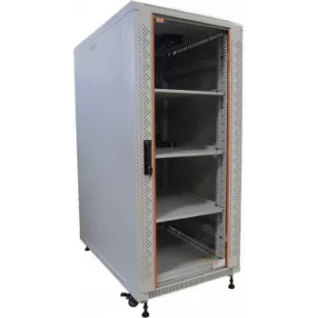 IT-BUDGET 19 palcový sieťový rozvádzač SRK kompletná sada 22U 600x600 mm sklenené/ocelené dvere 4 ventilátory PDU police Flatpack svetlosivá 90ITB19SRK2266GG