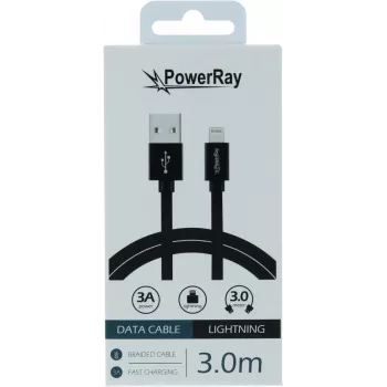 PowerRay USB na Lightning dátový kábel 3 m textilný čierny PR-DCUL300TBK