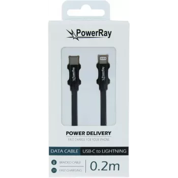 PowerRay PR-DCCL020TBK USB-C na Lightning dátový kábel, 0,2 m, textilný čierny, blister