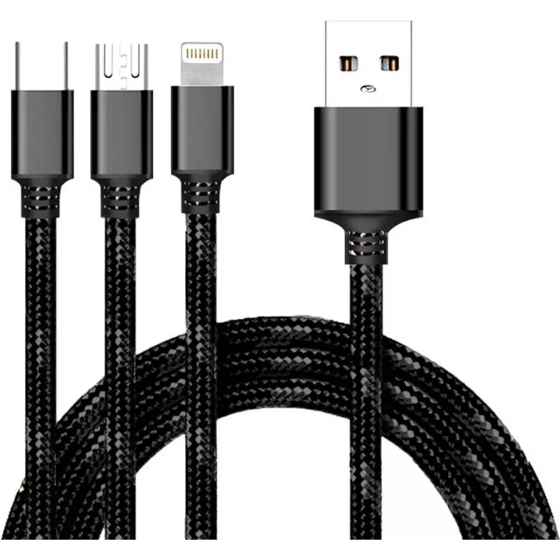 CYOO 3-in-1 USB nabíjací a dátový kábel – Micro USB, USB-C, Lightning – čierna