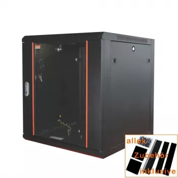 IT-BUDGET 19 palcový sieťový rozvádzač SWA - 12U - 570x600 mm - sklenené dvere - odnímateľné bočnice - nástenná/podlahová montáž - sada príslušenstva - čierna 90ITB19WS1266GS