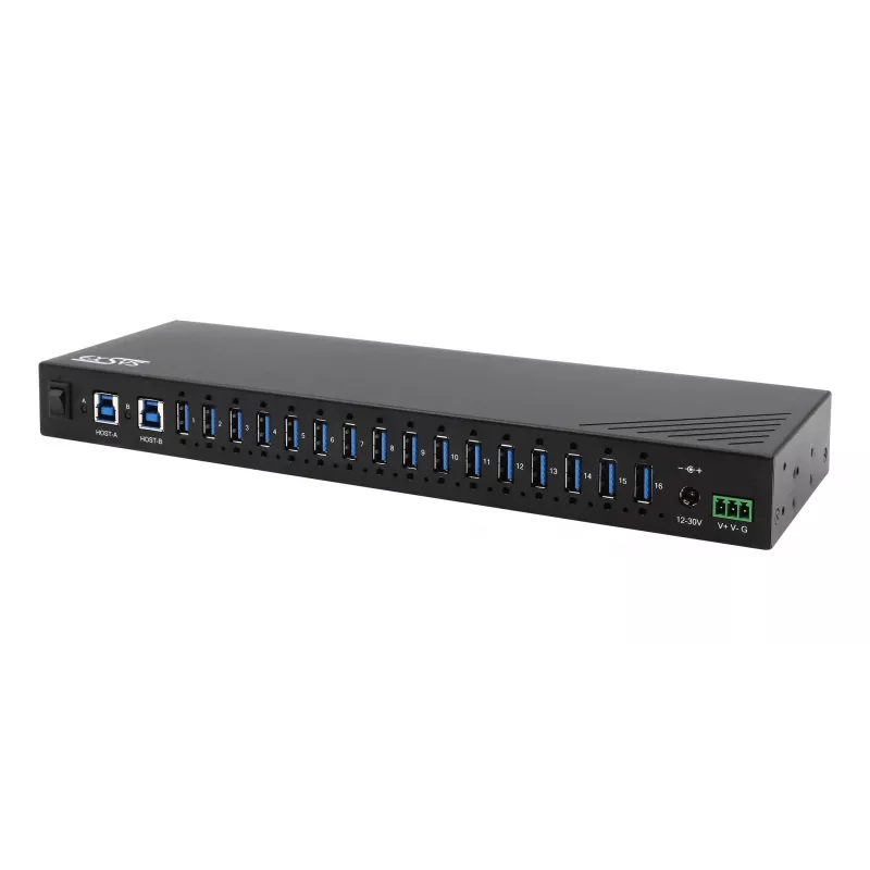 EXSYS EX-11236HMS 16-portový USB 3.2 Gen 1 priemyselný hub s 15KV ESD ochranou, nástenná a DIN lištová montáž
