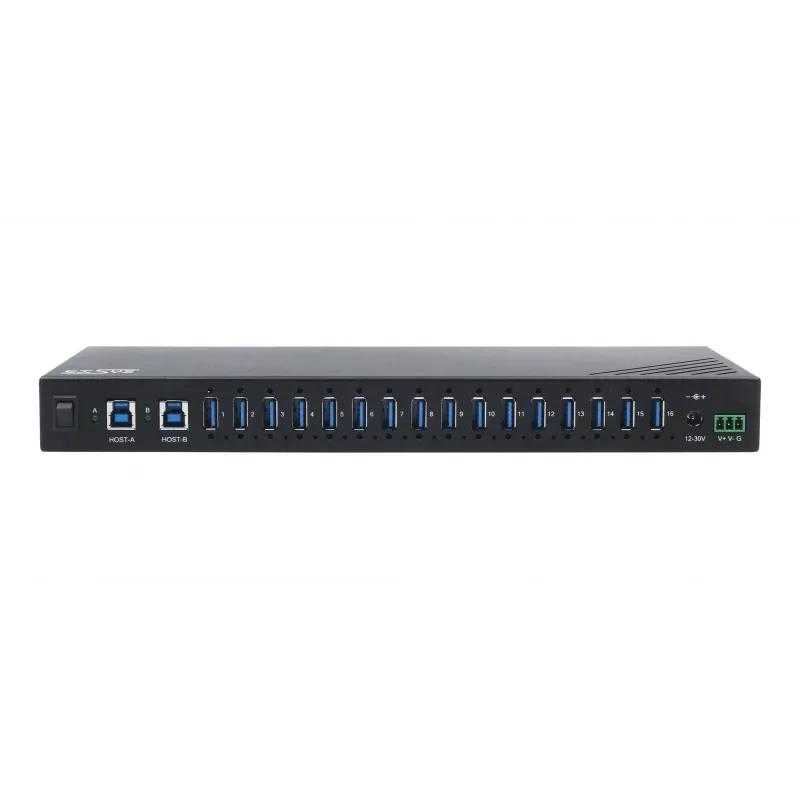 EXSYS EX-11236HMS 16-portový USB 3.2 Gen 1 priemyselný hub s 15KV ESD ochranou, nástenná a DIN lištová montáž
