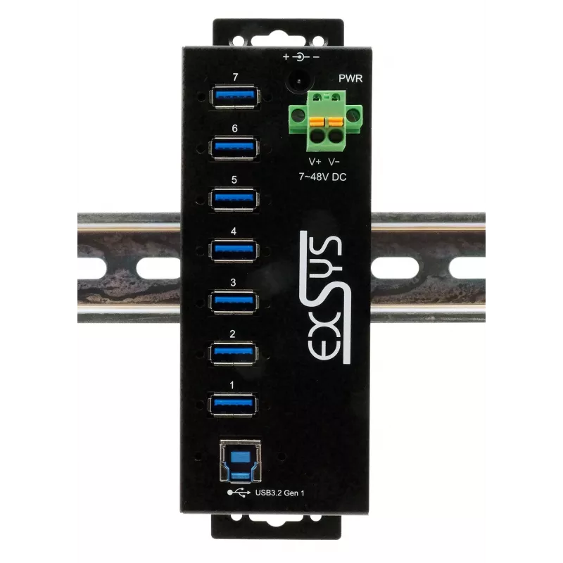 EXSYS USB 3.2 Gen1 7-portový priemyselný hub so sadou pre DIN lištu a 15kV ESD ochranou (EX-1187HMVS-2)