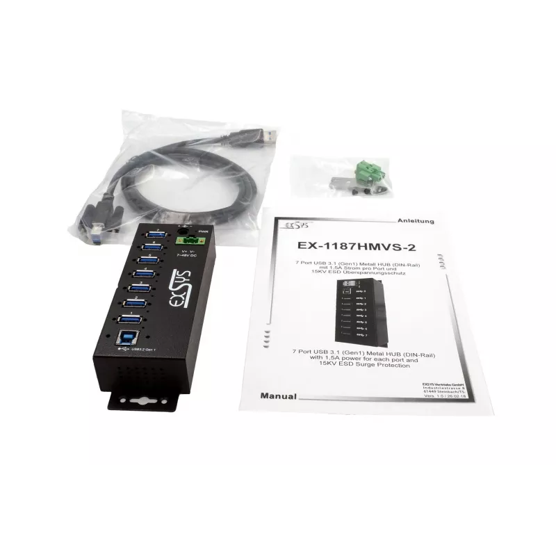 EXSYS USB 3.2 Gen1 7-portový priemyselný hub so sadou pre DIN lištu a 15kV ESD ochranou (EX-1187HMVS-2)