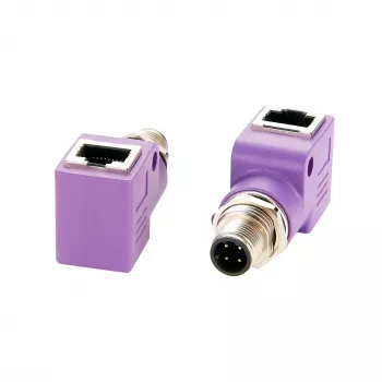 EXSYS EX-49522 M12 D-Code 4-Pin konektor samec na RJ45 konektor samica 90° uhlový priemyselný Ethernet adaptér
