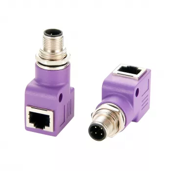 EXSYS EX-49522 M12 D-Code 4-Pin konektor samec na RJ45 konektor samica 90° uhlový priemyselný Ethernet adaptér