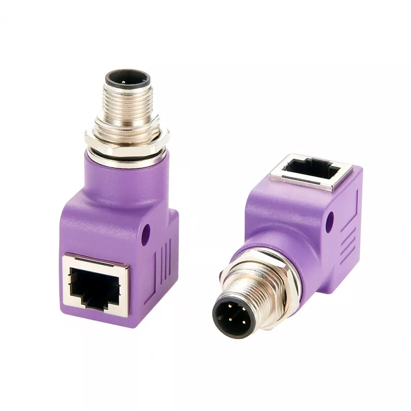 EXSYS EX-49522 M12 D-Code 4-Pin konektor samec na RJ45 konektor samica 90° uhlový priemyselný Ethernet adaptér