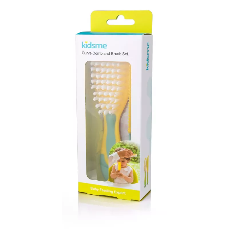 Detská sada kefy a hrebeňa na vlasy Kidsme – mäkké štetiny, bez BPA, ergonomická, biela/sivá