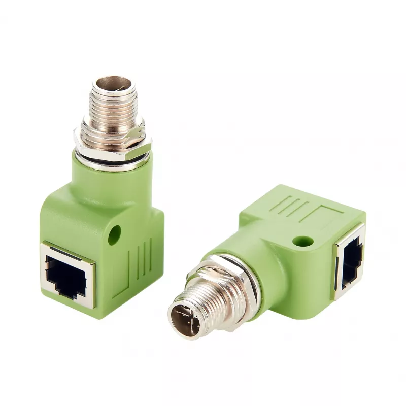 EXSYS M12 X-kódovaný 8-pin konektor samec na RJ45 konektor samica 90° priemyselný Ethernet adaptér, 10Gbps, IP67, tienený EX-49542