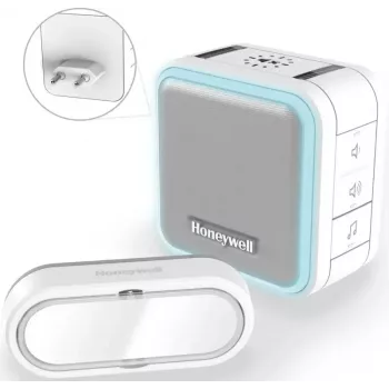 Honeywell DC515SP2L bezdrôtový zvonček s gongom do zásuvky a tlačidlom, dosah 150 m, 6 melódií, biela