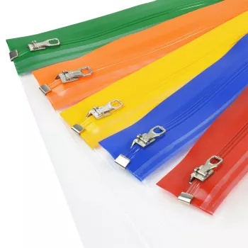 Rapesco Zippi Bags A5+ vrecká na zips, 250 x 195 mm, transparentné s modrým, oranžovým, zeleným, červeným, žltým okrajom, balenie 5 ks 1502