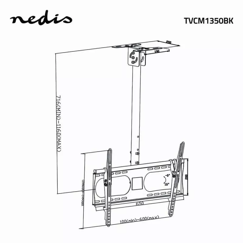 Nedis TVCM1350BK stropný držiak na TV, 42-65 palcov, VESA do 600x400, čierny