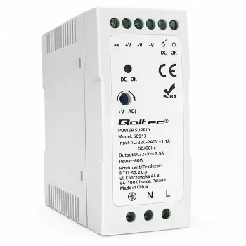 Qoltec DIN lištový napájací zdroj 60W 24V 2,5A biely Slim
