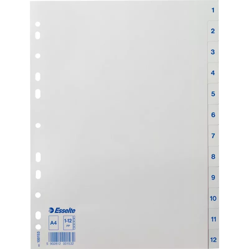 LEITZ Esselte plastový register, číslovaný 1-12, A4, biely, univerzálne dierovanie, 10 sád (100153)
