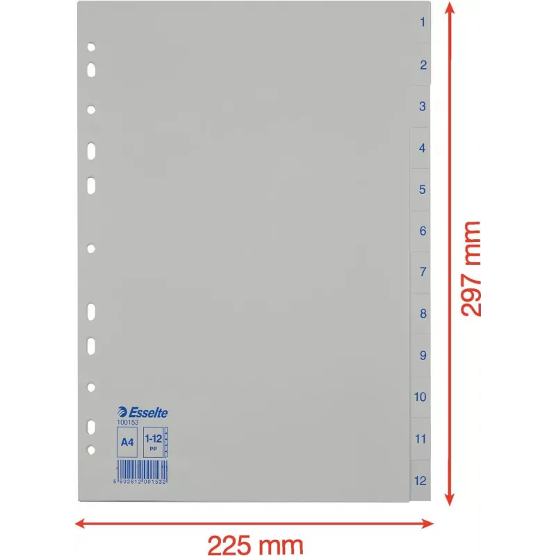 LEITZ Esselte plastový register, číslovaný 1-12, A4, biely, univerzálne dierovanie, 10 sád (100153)