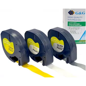 G&G TD-RL-D-91201/2/8-3P sada popisovacích pások, 12 mm, balenie 3 ks (biela, žltá, strieborná na čiernej), kompatibilná s DYMO D1