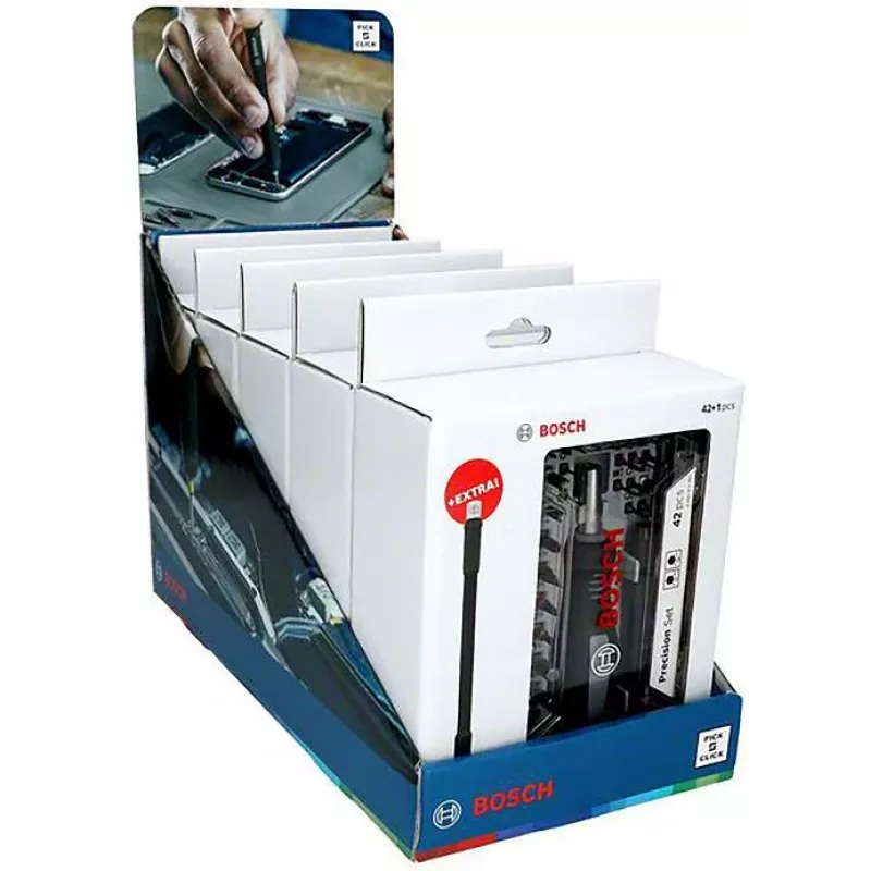 Bosch precízna sada skrutkovacích bitov display, 5 sád s 33 dielmi (165 celkom), S2 oceľ, 1/4 palca šesťhran, PH/PZ/S/H/T bity, magnetický držiak, predajný display 2607002837,0