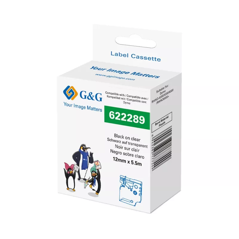 G&G polyesterová etiketovacia páska, transparentná s čiernou tlačou, 12 mm x 5,5 m, pre Dymo D1 RL-D-Po-622289-BK/CL-12MM*5.5M