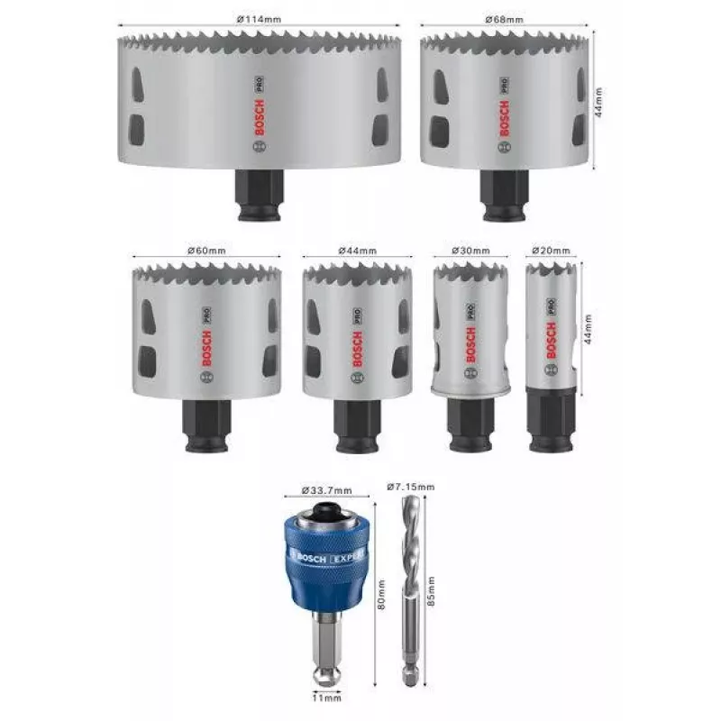 Bosch Progressor pre drevo a kov sada dierových píl, 7-dielna, priemer 20-114 mm, Power Change upínanie, HSS bi-metal, s kufrom 2608594431