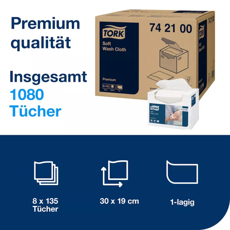 Tork Premium Soft umývacie utierky 1-vrstvové biele, 1080 utierok (742100)