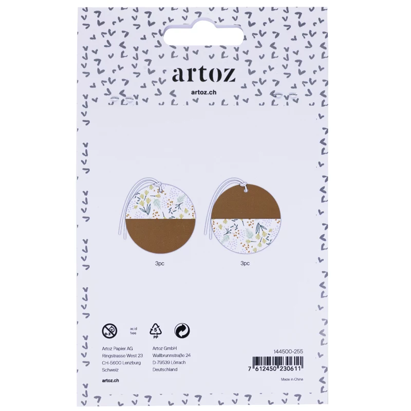 Artoz papierové darčekové visačky hnedá biela Hangtag Set Kraft okrúhle 6,5 cm 6 ks (144500-255)