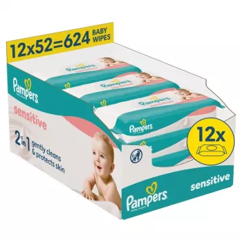 Pampers Sensitive detské vlhčené obrúsky, 12 balení po 52, 624 ks, bez parfumácie, bez alkoholu, dermatologicky testované