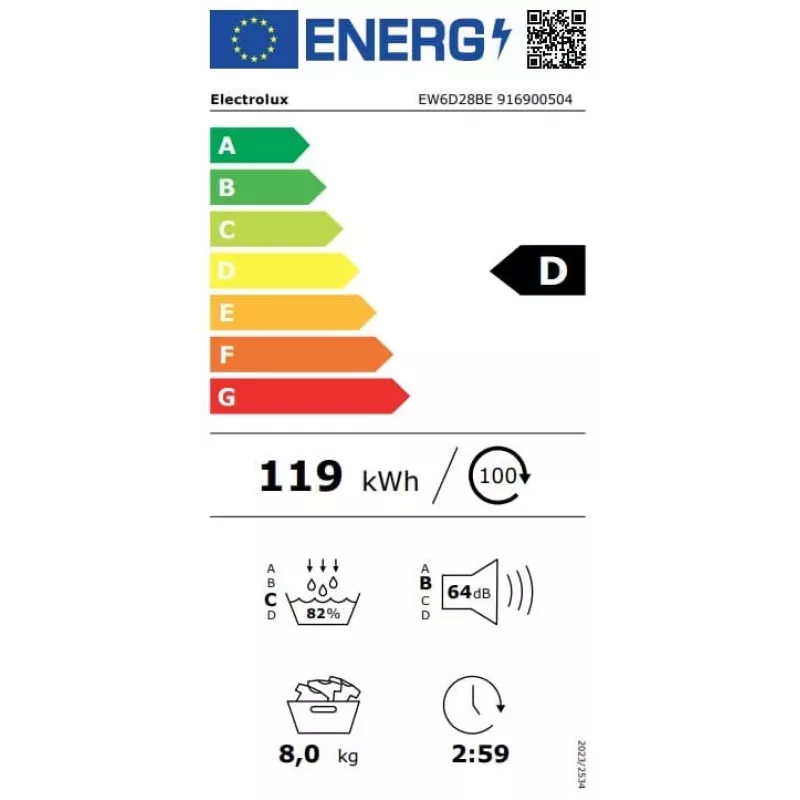 Electrolux EW6D28BE 8kg sušička s tepelným čerpadlom, energetická trieda A+++, biela