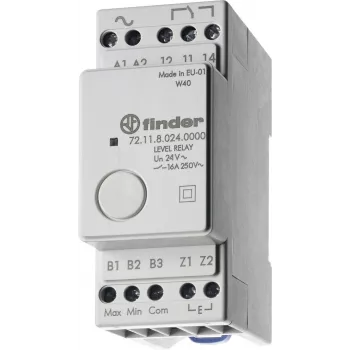 Finder 72.11.9.024.0000 relé na sledovanie hladiny, 24V AC/DC, pevná citlivosť 150 kΩ, 1 CO 10A, DIN lišta