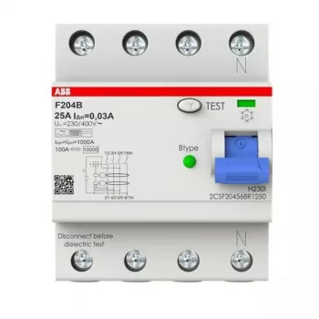 ABB Typ B RCCB 4P 25A 30mA 3kA 4 moduly F204B-25/0.03-4TE 2CSF204568R1250