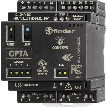 Finder programovateľné logické relé (PLR) PLC riadiaci modul, 24 V DC, 8 digitálnych vstupov, 4 analógové vstupy, 4 reléové výstupy, 8 A, LCD displej, montáž na DIN lištu, 8A.04.9.024.832C