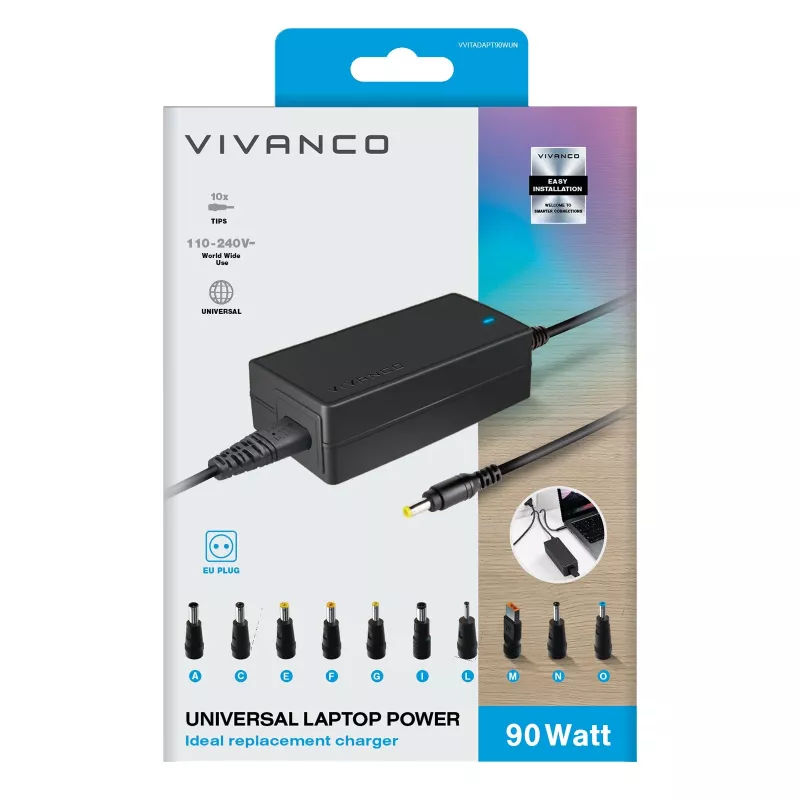 Vivanco 90W univerzálny napájací zdroj pre notebook s voliteľným výstupným napätím VVITADAPT90WUN