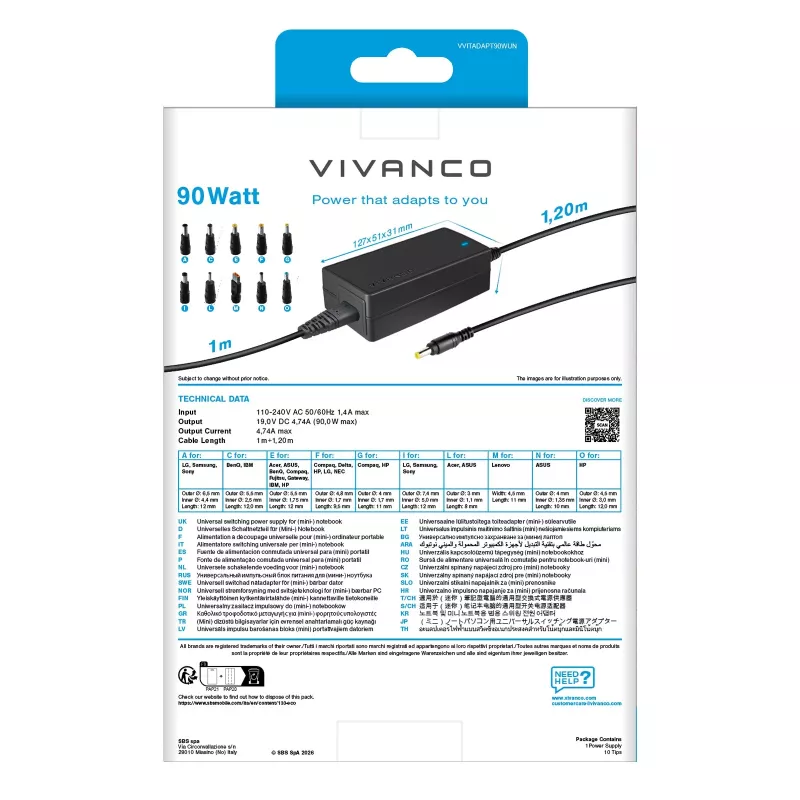 Vivanco 90W univerzálny napájací zdroj pre notebook s voliteľným výstupným napätím VVITADAPT90WUN