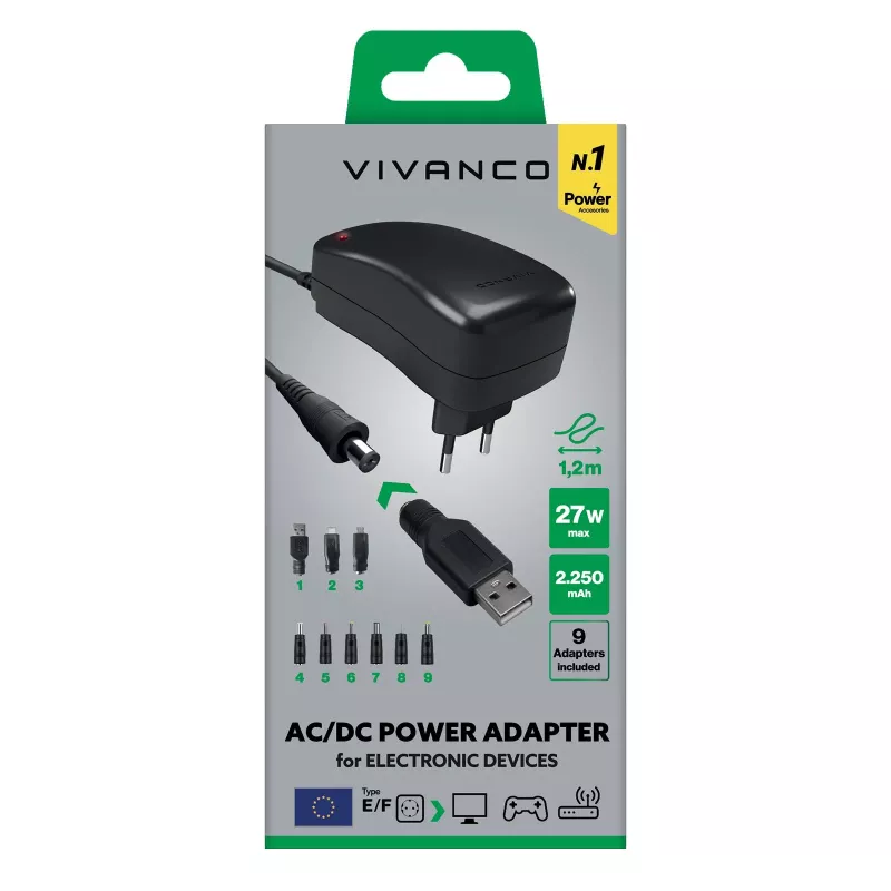 Vivanco univerzálny AC/DC napájací zdroj 27W so 7 DC konektormi a USB portom VVITADAPT27WUN
