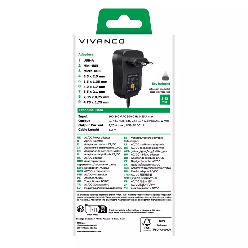 Vivanco univerzálny AC/DC napájací zdroj 27W so 7 DC konektormi a USB portom VVITADAPT27WUN