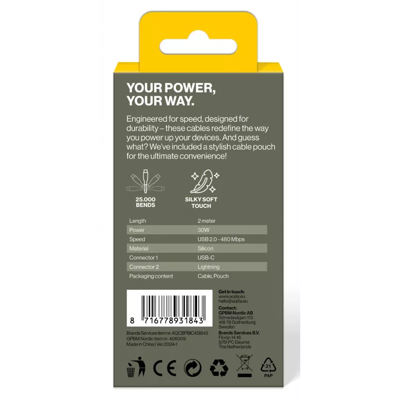 AQIILA 4SI843 USB-C na Lightning nabíjací a synchronizačný kábel 2m 60W PD AQCBPBIC4SI843