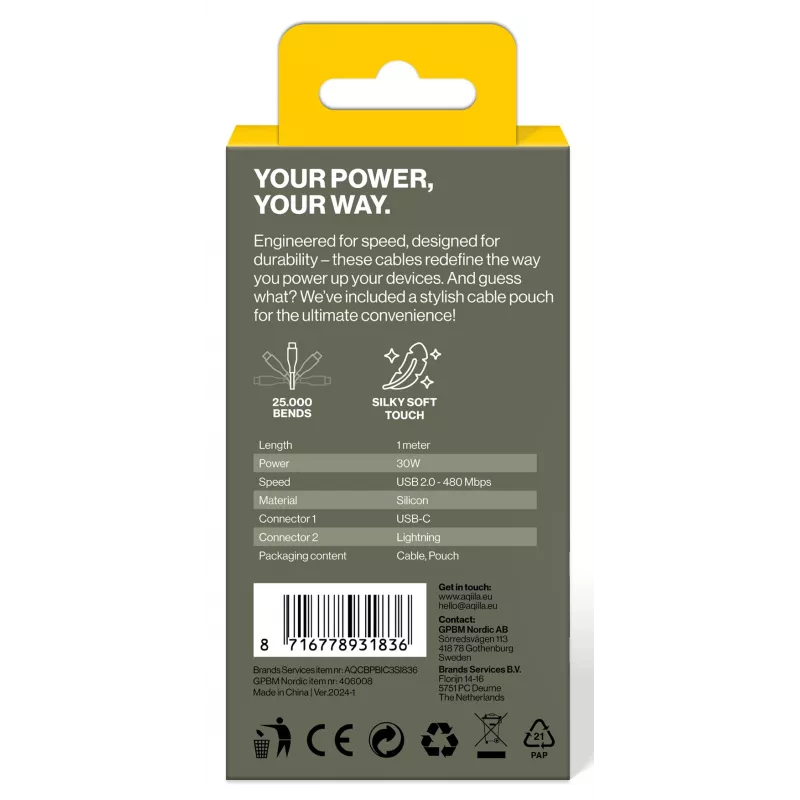 AQIILA 3SI836 USB-C na Lightning nabíjací a synchronizačný kábel 1m AQCBPBIC3SI836
