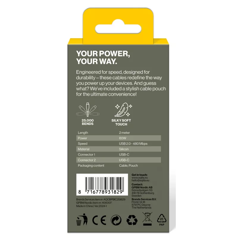 AQIILA Cablebird CS12 USB-C na USB-C nabíjací a synchronizačný kábel 2m 60W čierny AQCBPBIC2SI829
