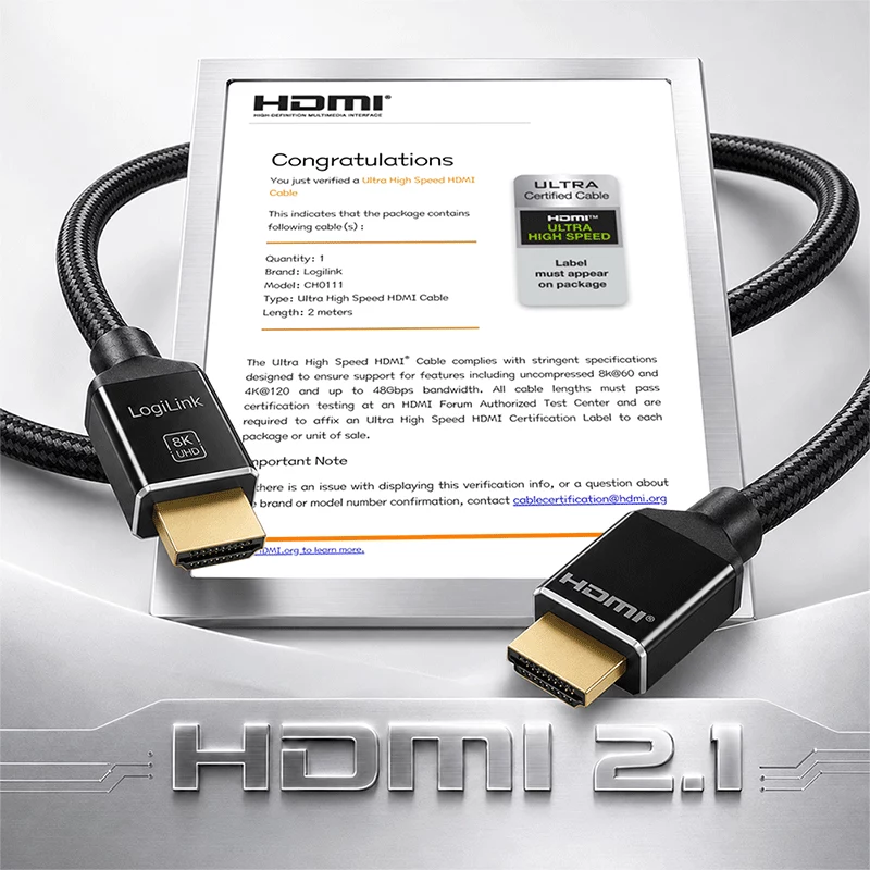 LogiLink HDMI kábel A/M na A/M 8K/60Hz 48Gbps kov nylon certifikovaný čierny 2m