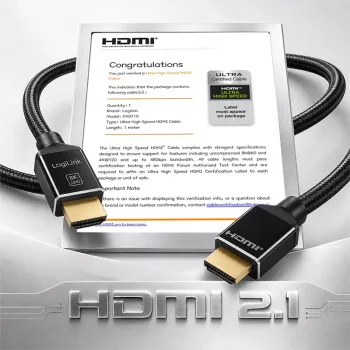 LogiLink HDMI kábel 8K/60 Hz 48 Gbps kovový nylonový certifikovaný čierny 1 m
