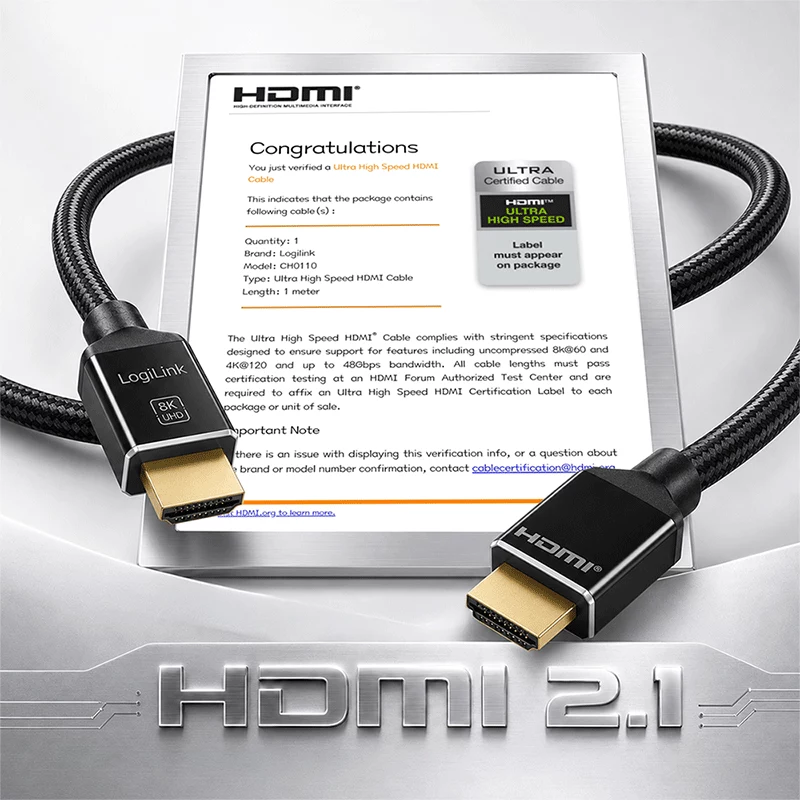 LogiLink HDMI kábel 8K/60 Hz 48 Gbps kovový nylonový certifikovaný čierny 1 m