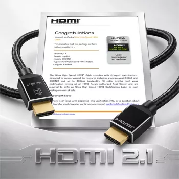 LogiLink HDMI kábel, A/M na A/M, 8K/60 Hz, 48 Gbps, kov, nylon, certifikovaný, čierny, 3 m