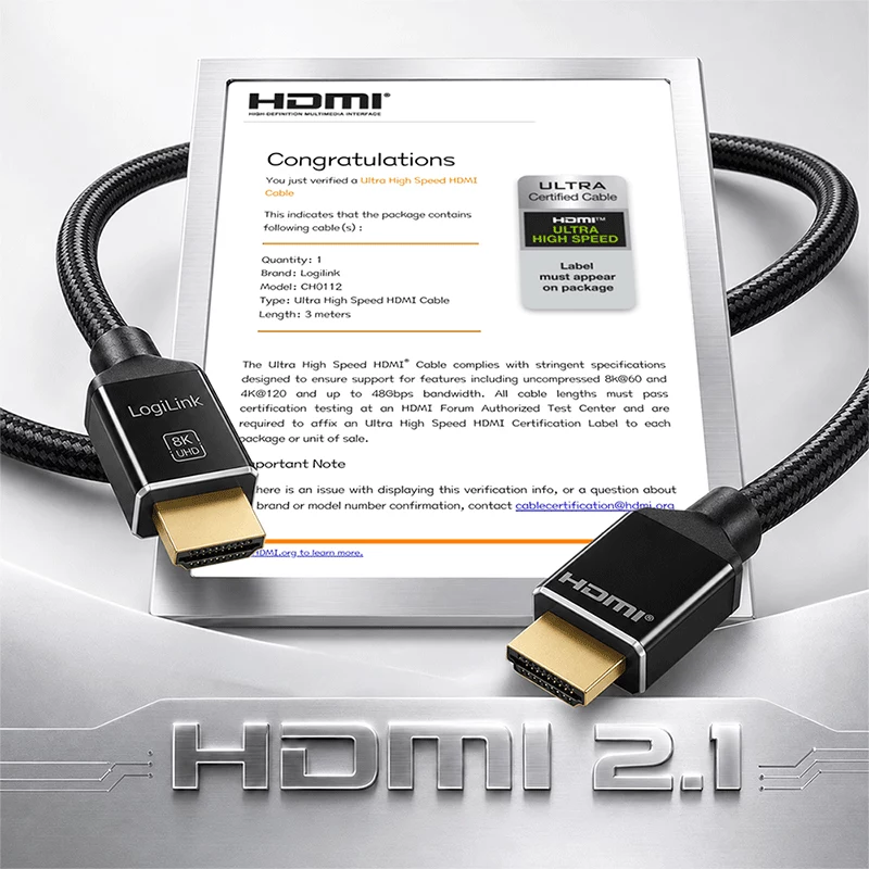 LogiLink HDMI kábel, A/M na A/M, 8K/60 Hz, 48 Gbps, kov, nylon, certifikovaný, čierny, 3 m